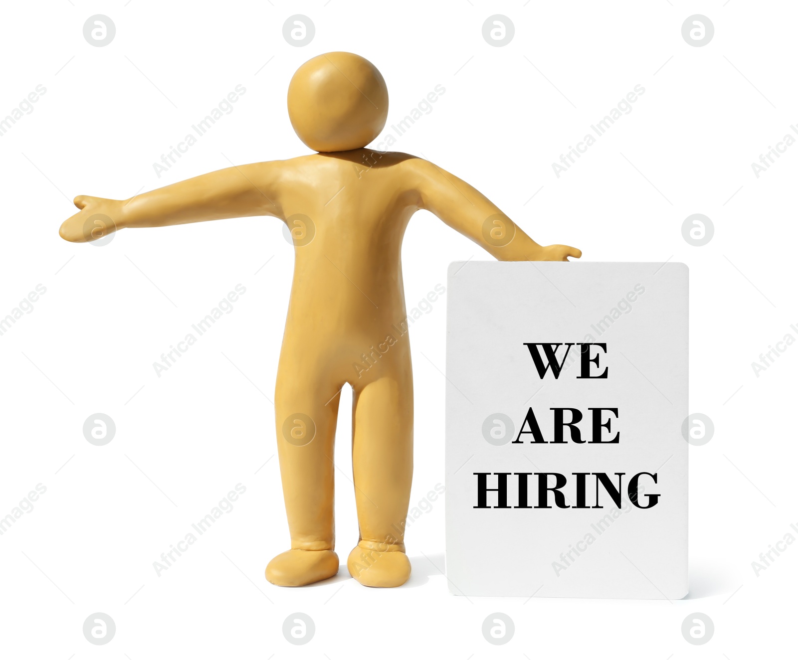 Image of Plasticine human figure holding sign with text We Are Hiring isolated on white