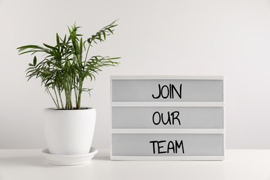 Letter board with text Join Our Team and houseplant on white table. Human resource