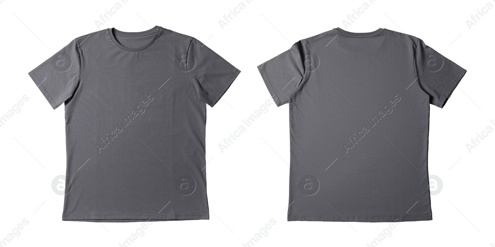 Image of Blank grey t-shirt isolated on white, back and front. Mockup for design