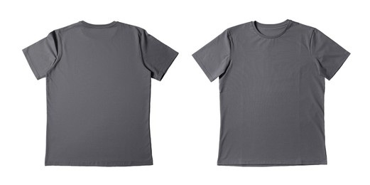 Image of Blank grey t-shirt isolated on white, back and front. Mockup for design