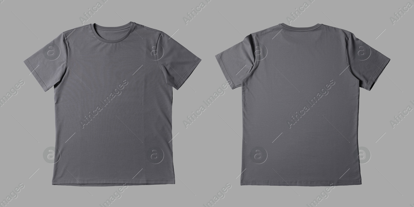 Image of Blank grey t-shirt on light grey background, back and front. Mockup for design