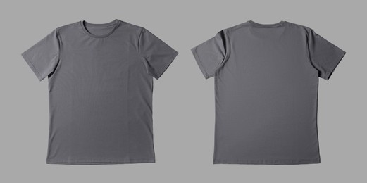 Image of Blank grey t-shirt on light grey background, back and front. Mockup for design