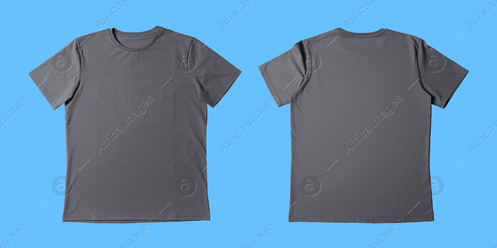 Image of Blank grey t-shirt on light blue background, back and front. Mockup for design