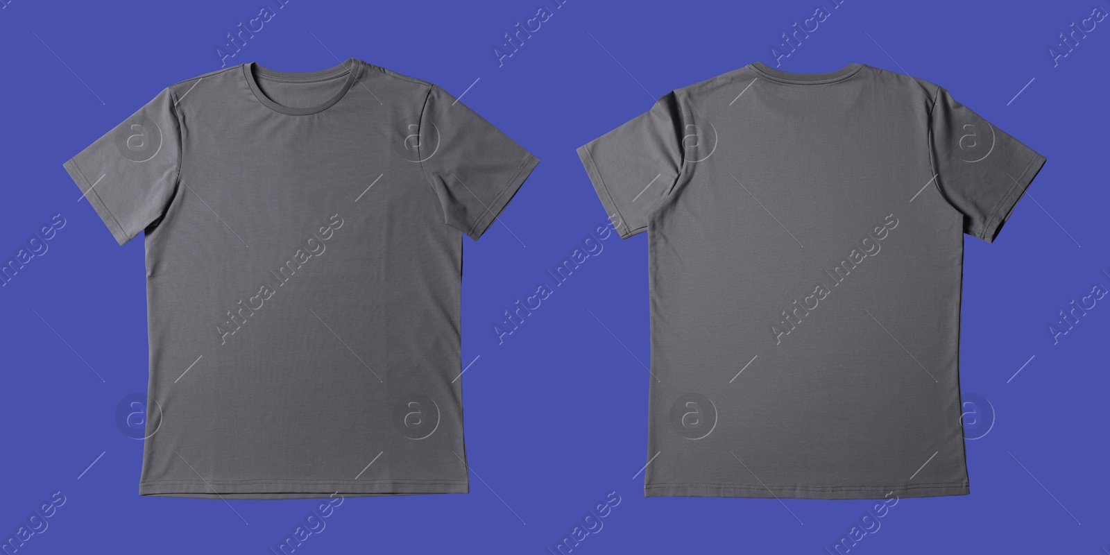 Image of Blank grey t-shirt on blue background, back and front. Mockup for design