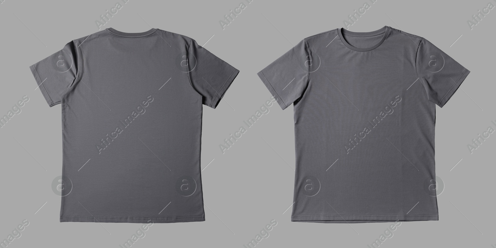 Image of Blank grey t-shirt on light grey background, back and front. Mockup for design