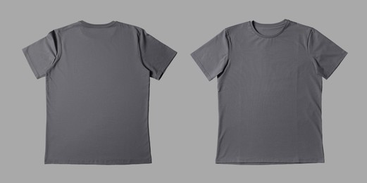 Image of Blank grey t-shirt on light grey background, back and front. Mockup for design