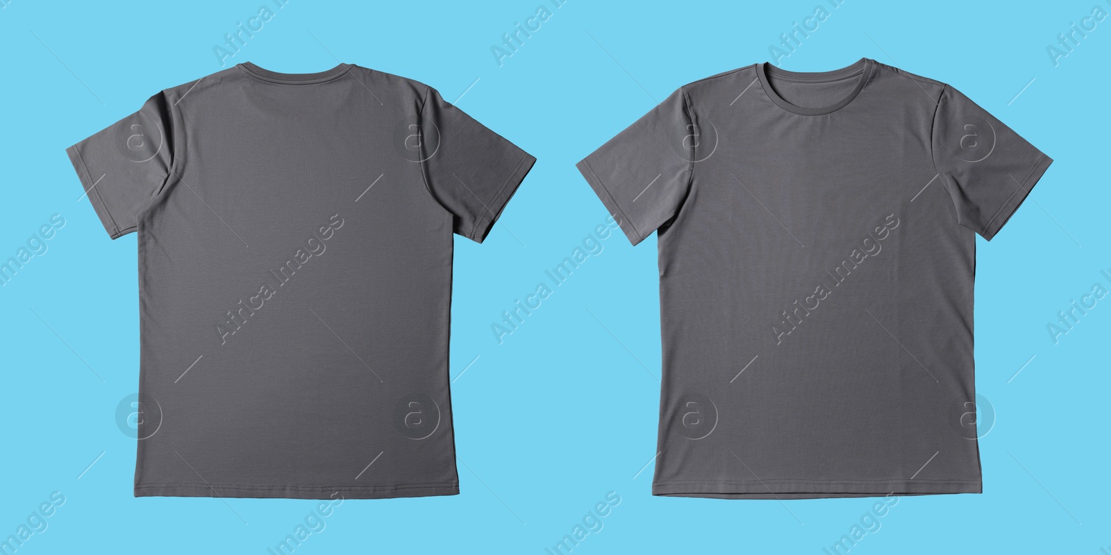 Image of Blank grey t-shirt on turquoise background, back and front. Mockup for design