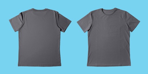 Image of Blank grey t-shirt on turquoise background, back and front. Mockup for design