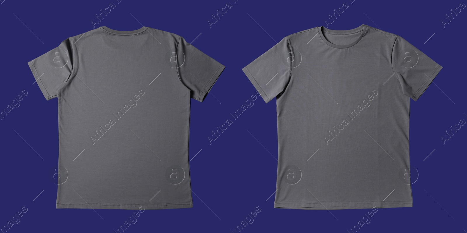 Image of Blank grey t-shirt on blue background, back and front. Mockup for design