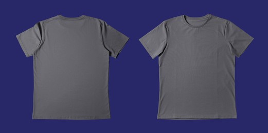 Image of Blank grey t-shirt on blue background, back and front. Mockup for design