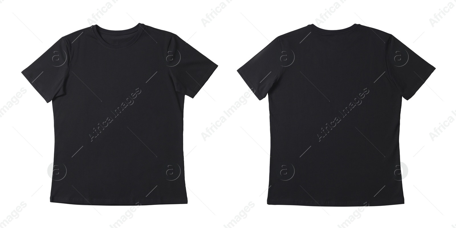 Image of Blank black t-shirt isolated on white, back and front. Mockup for design