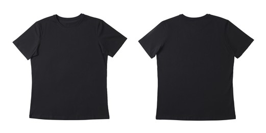 Image of Blank black t-shirt isolated on white, back and front. Mockup for design