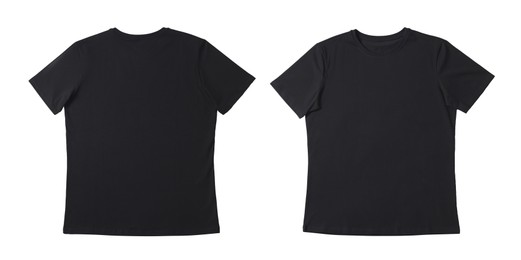 Image of Blank black t-shirt isolated on white, back and front. Mockup for design