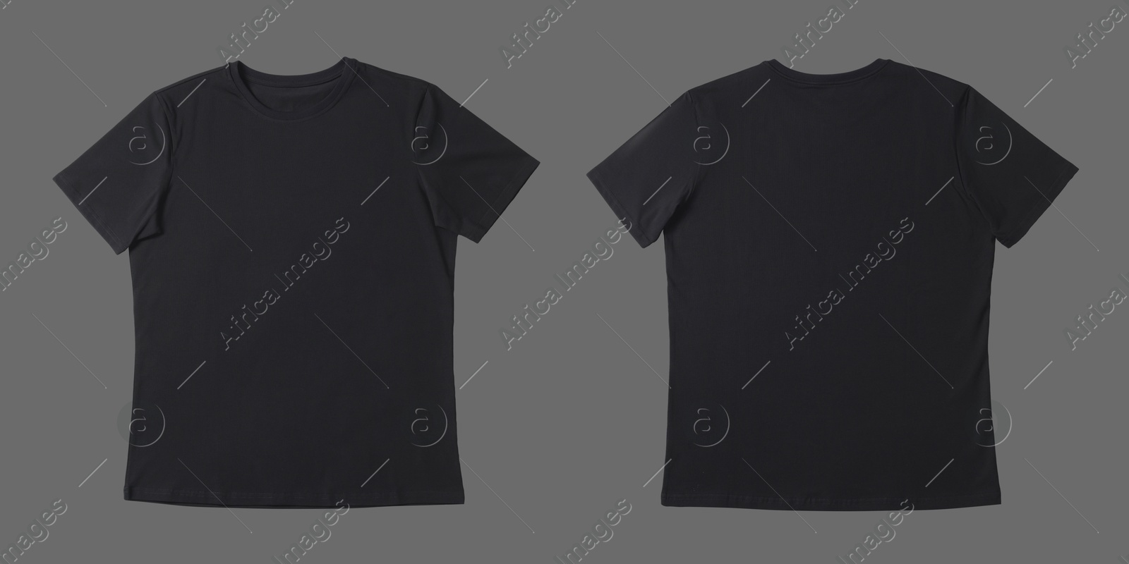 Image of Blank black t-shirt on grey background, back and front. Mockup for design