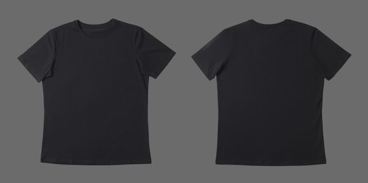 Image of Blank black t-shirt on grey background, back and front. Mockup for design