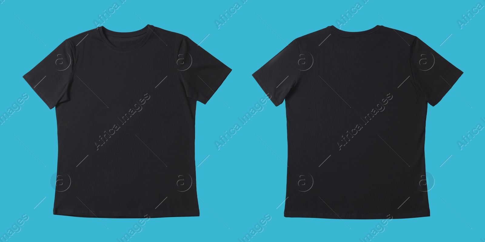 Image of Blank black t-shirt on turquoise background, back and front. Mockup for design