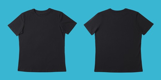 Image of Blank black t-shirt on turquoise background, back and front. Mockup for design