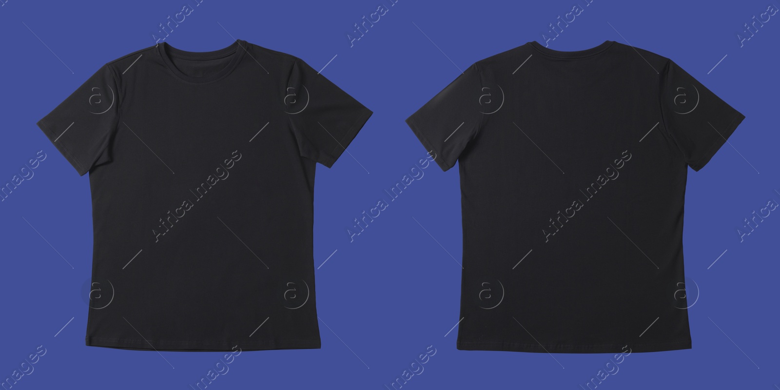 Image of Blank black t-shirt on blue background, back and front. Mockup for design