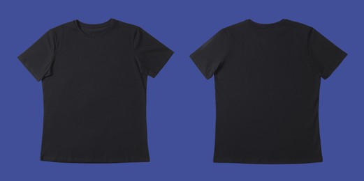 Blank black t-shirt on blue background, back and front. Mockup for design