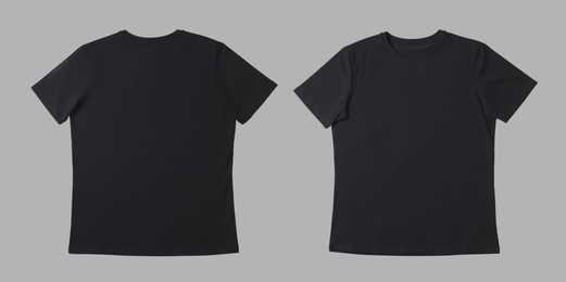 Image of Blank black t-shirt on light grey background, back and front. Mockup for design