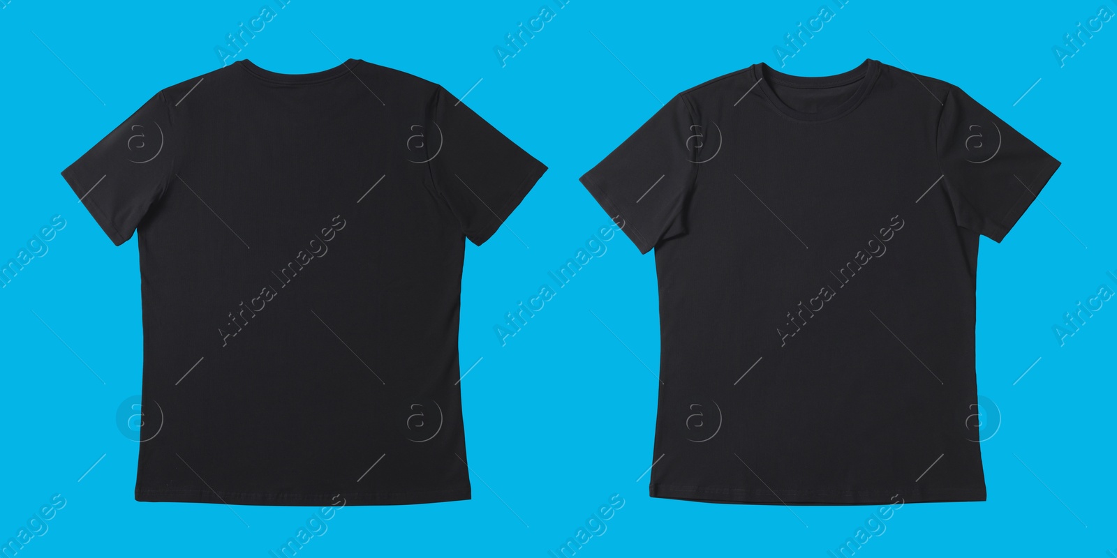 Image of Blank black t-shirt on light blue background, back and front. Mockup for design