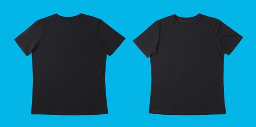 Image of Blank black t-shirt on light blue background, back and front. Mockup for design