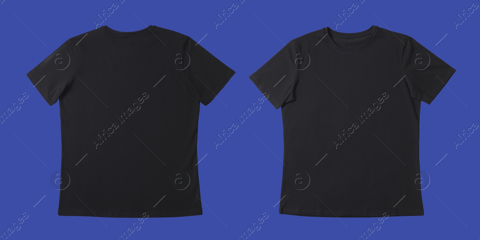 Image of Blank black t-shirt on blue background, back and front. Mockup for design