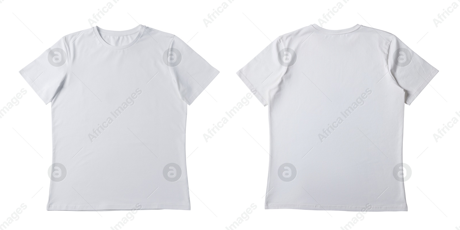 Image of Blank white t-shirt isolated on white, back and front. Mockup for design