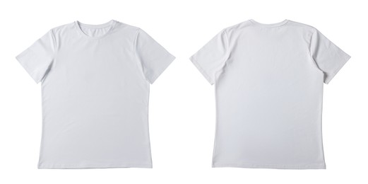 Image of Blank white t-shirt isolated on white, back and front. Mockup for design