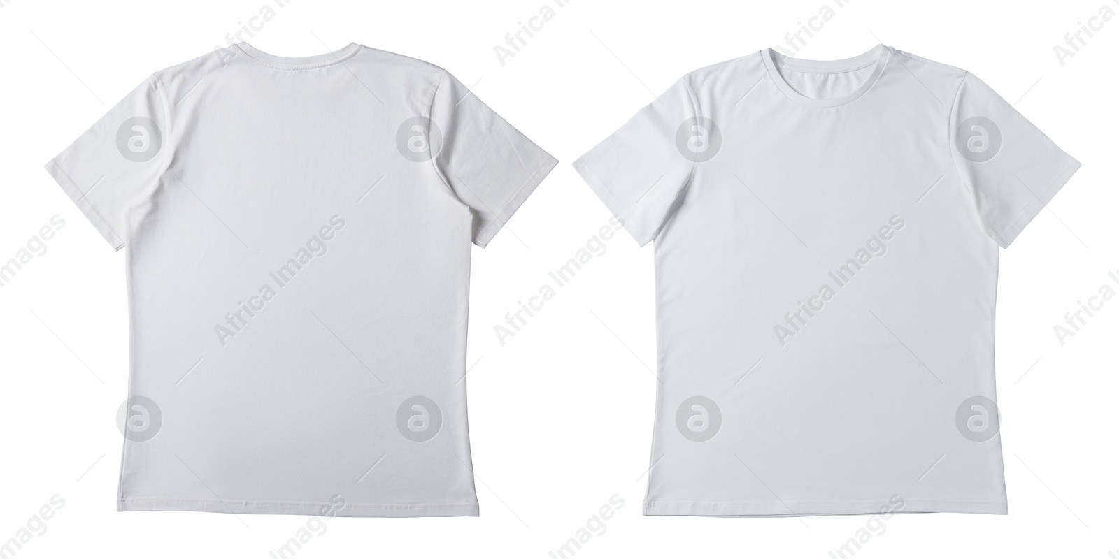 Image of Blank white t-shirt isolated on white, back and front. Mockup for design