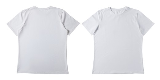 Image of Blank white t-shirt isolated on white, back and front. Mockup for design