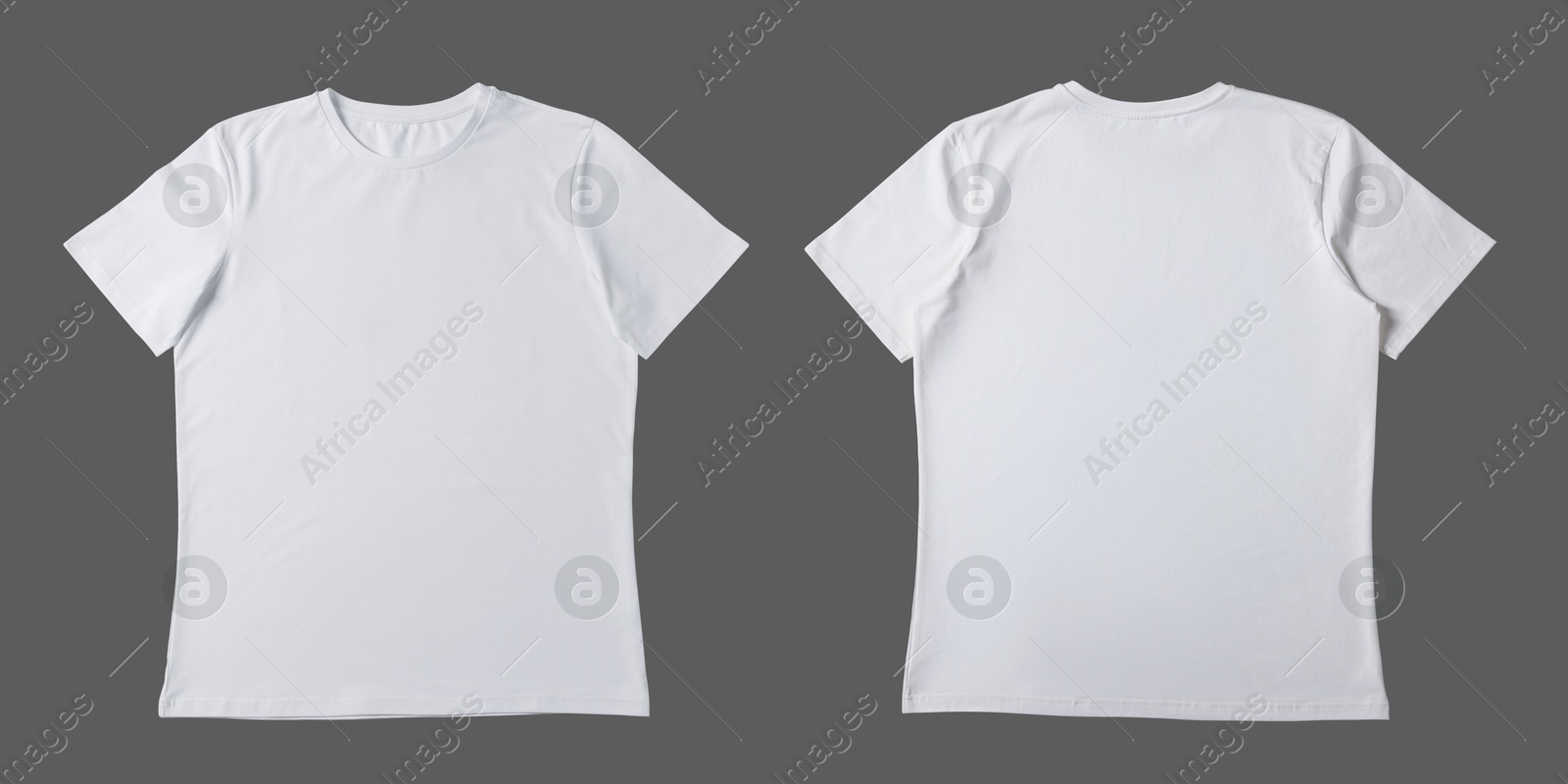 Image of Blank white t-shirt on grey background, back and front. Mockup for design