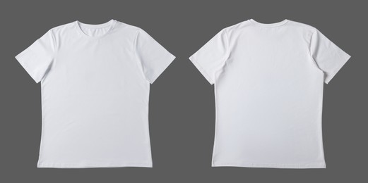 Blank white t-shirt on grey background, back and front. Mockup for design