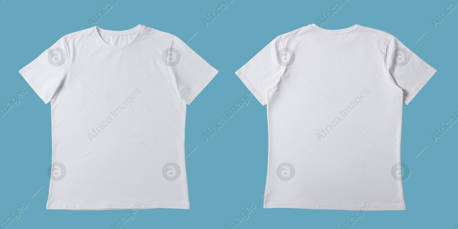 Image of Blank white t-shirt on light blue background, back and front. Mockup for design