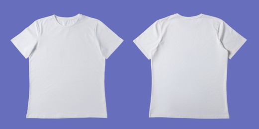 Image of Blank white t-shirt on violet blue background, back and front. Mockup for design