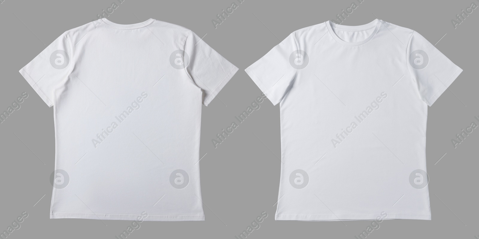 Image of Blank white t-shirt on light grey background, back and front. Mockup for design