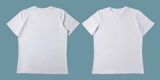 Image of Blank white t-shirt on light blue background, back and front. Mockup for design