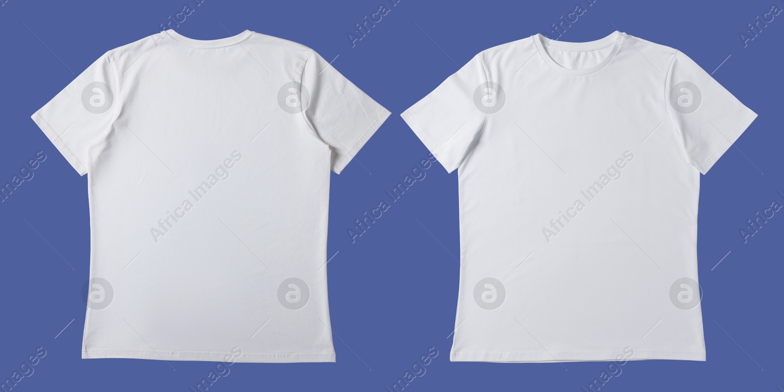 Image of Blank white t-shirt on violet blue background, back and front. Mockup for design