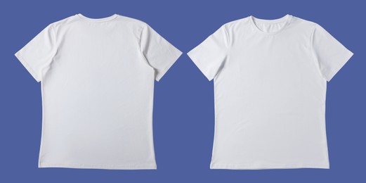 Image of Blank white t-shirt on violet blue background, back and front. Mockup for design