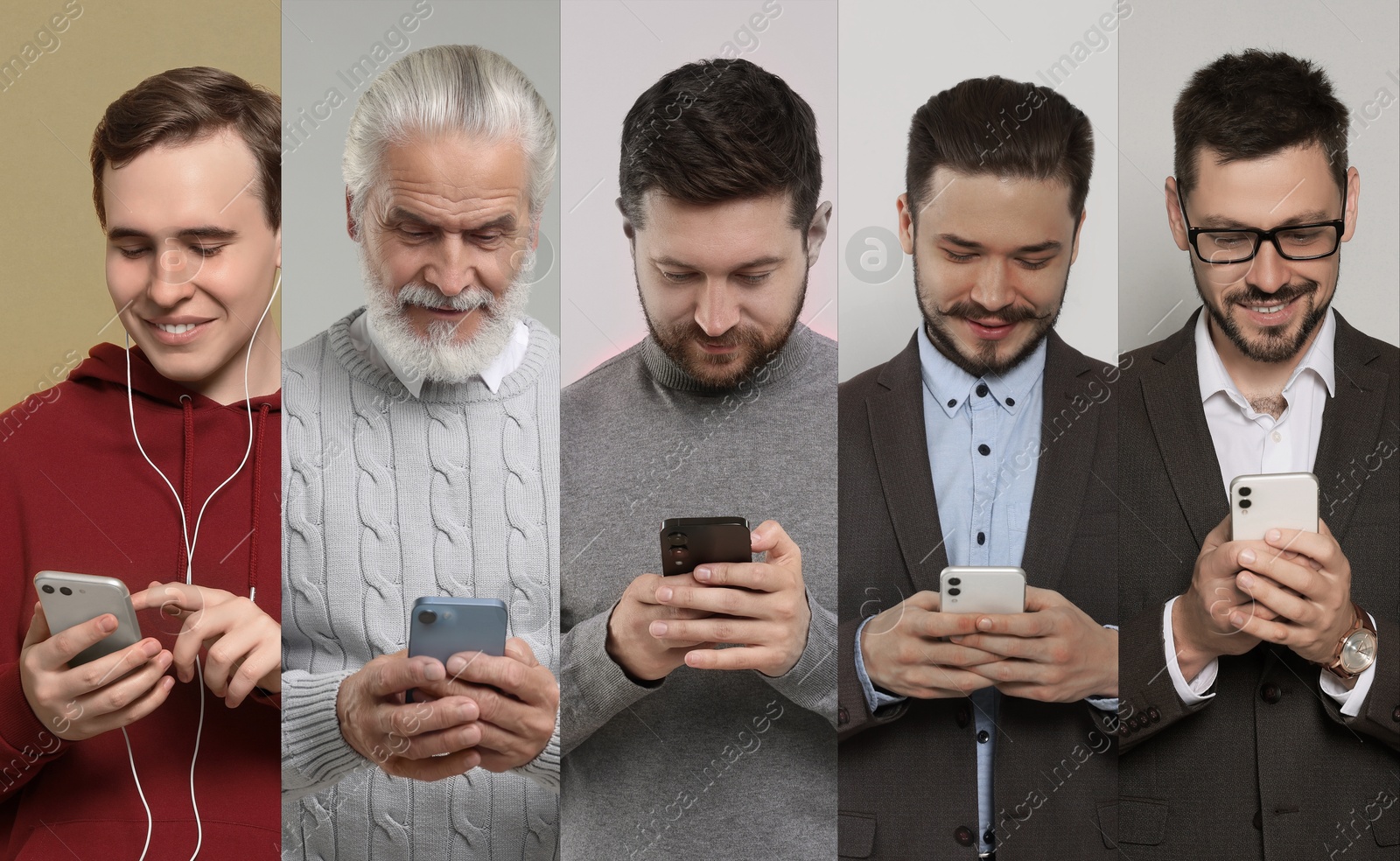 Image of Men using mobile phones on different colors backgrounds. Collage of portraits