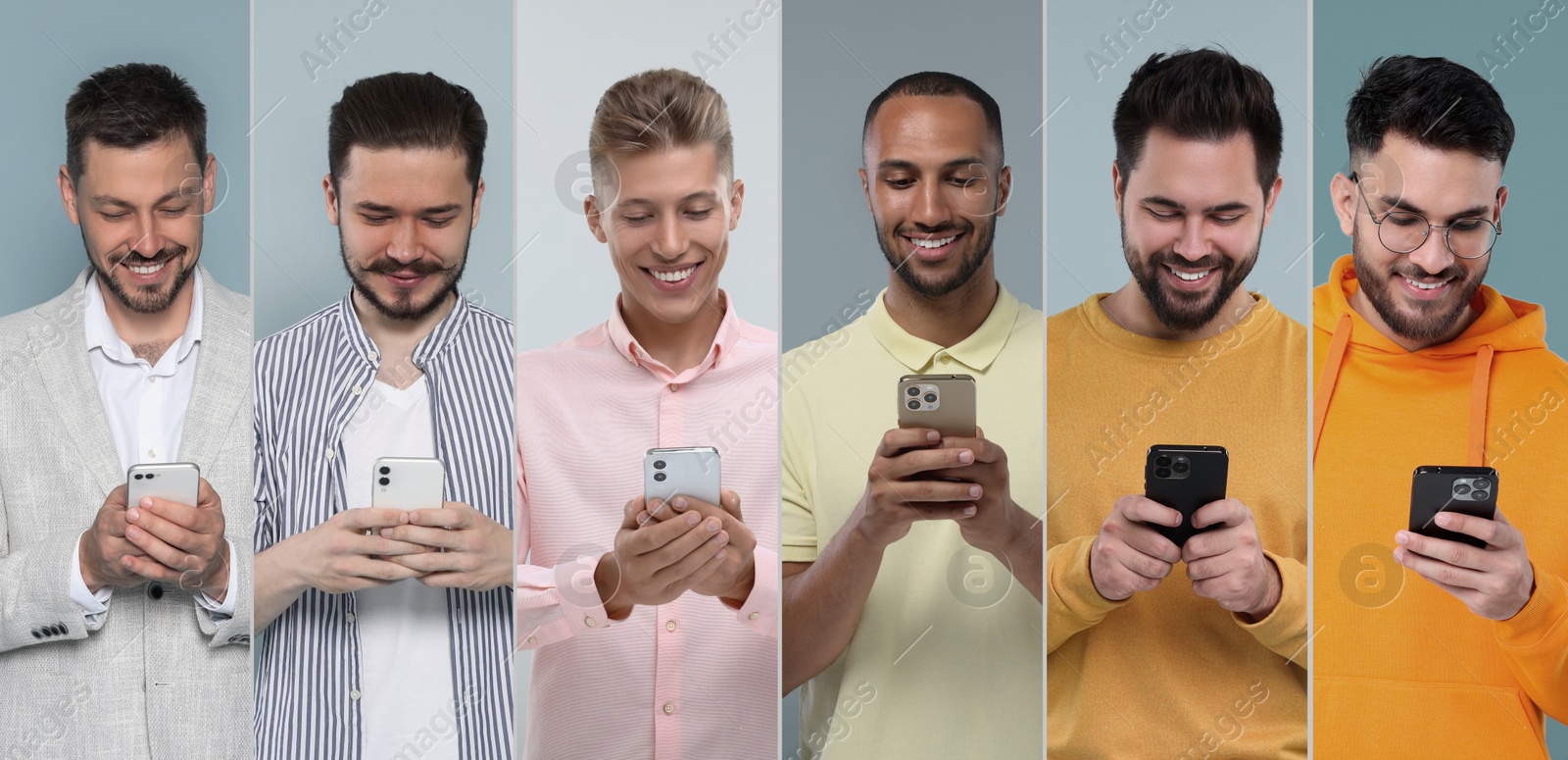 Image of Men using mobile phones on different colors backgrounds. Collage of portraits