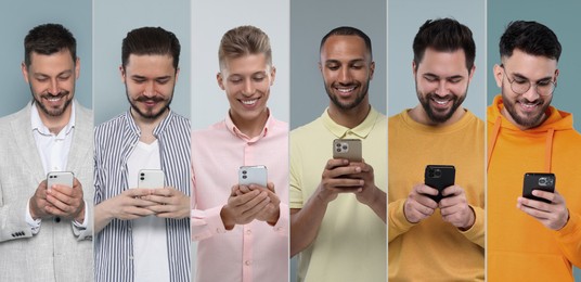 Image of Men using mobile phones on different colors backgrounds. Collage of portraits