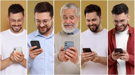 Men using mobile phones on different colors backgrounds. Collage of portraits