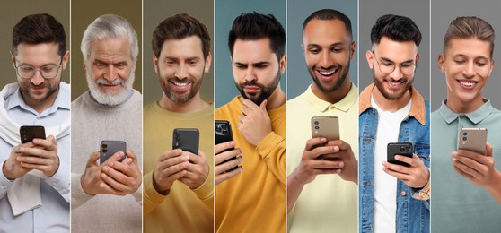 Men using mobile phones on different colors backgrounds. Collage of portraits