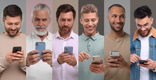 Men using mobile phones on different colors backgrounds. Collage of portraits