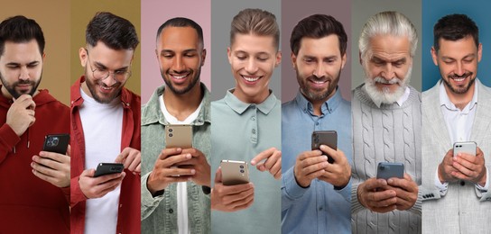 Men using mobile phones on different colors backgrounds. Collage of portraits