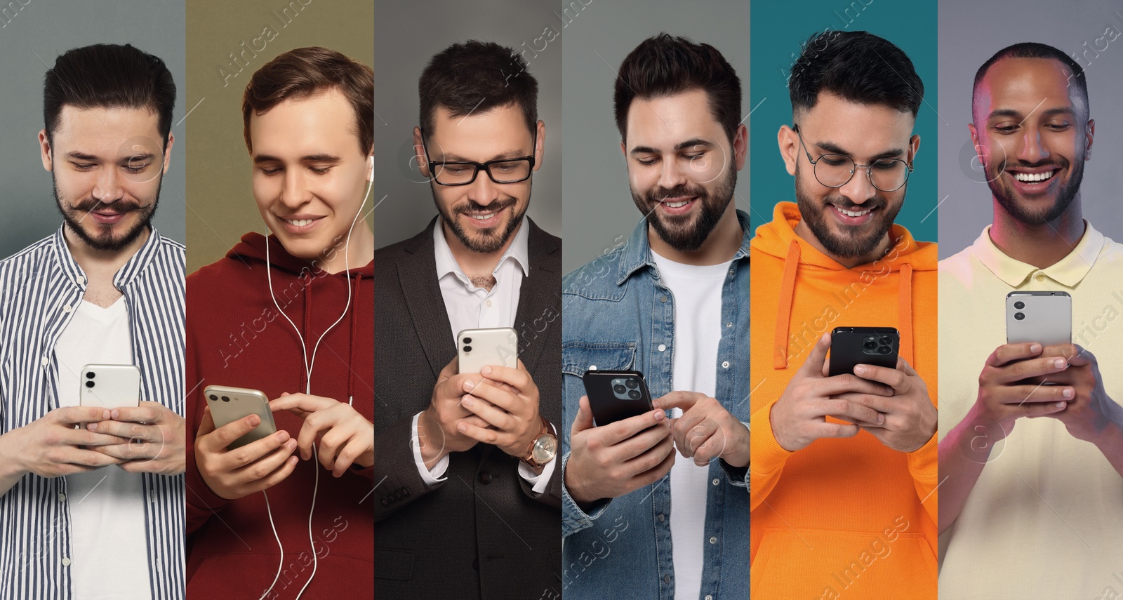 Image of Men using mobile phones on different colors backgrounds. Collage of portraits