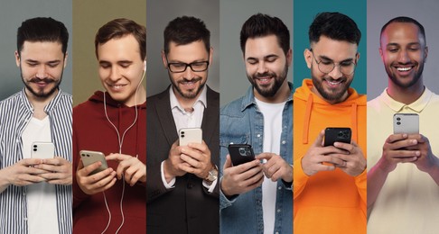 Image of Men using mobile phones on different colors backgrounds. Collage of portraits