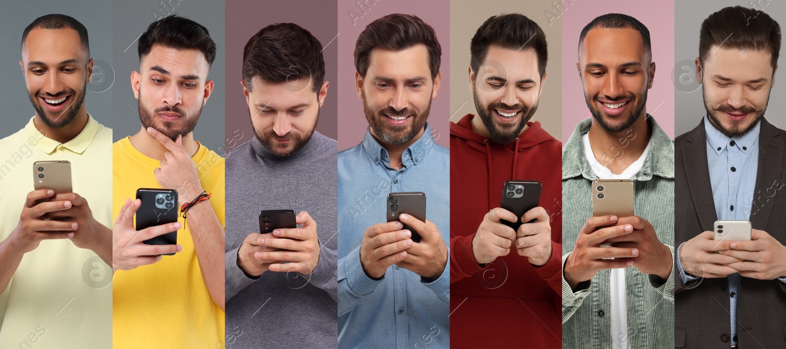 Image of Men using mobile phones on different colors backgrounds. Collage of portraits