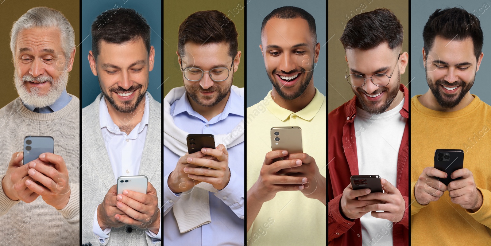 Image of Men using mobile phones on different colors backgrounds. Collage of portraits